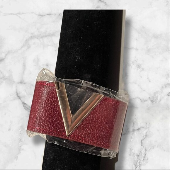 Women’s Burgundy PU Leather Bracelet With Gold "V" Detail & Snap Closure - Picture 2 of 7